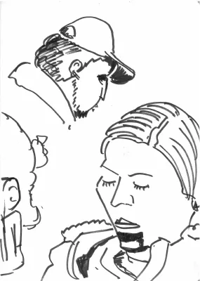 Page de carnet : personnages dessinés au trait
